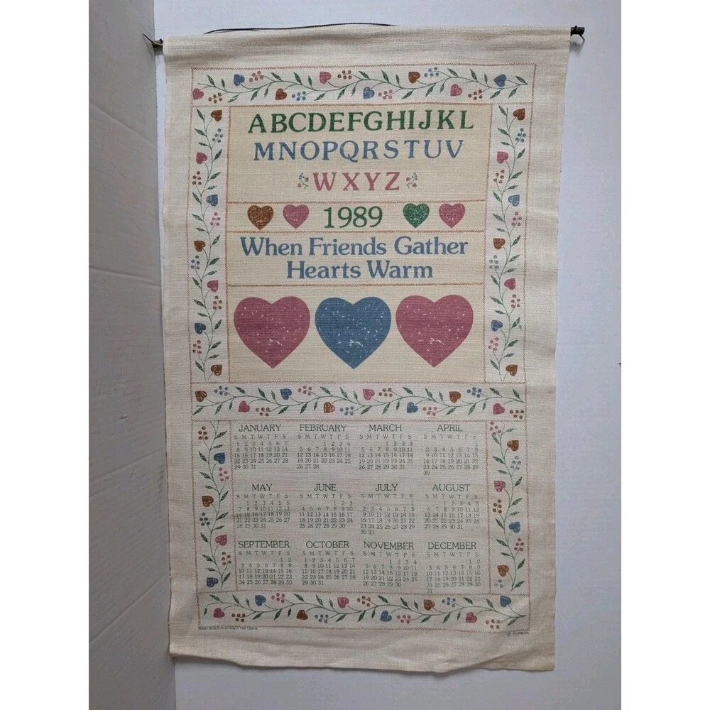 Vintage 1989 Calendar Tea Towel When Friends Gather Hearts Warm Cottagecore Cute